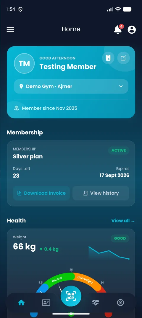 GymAux member health dashboard with BMI gauge