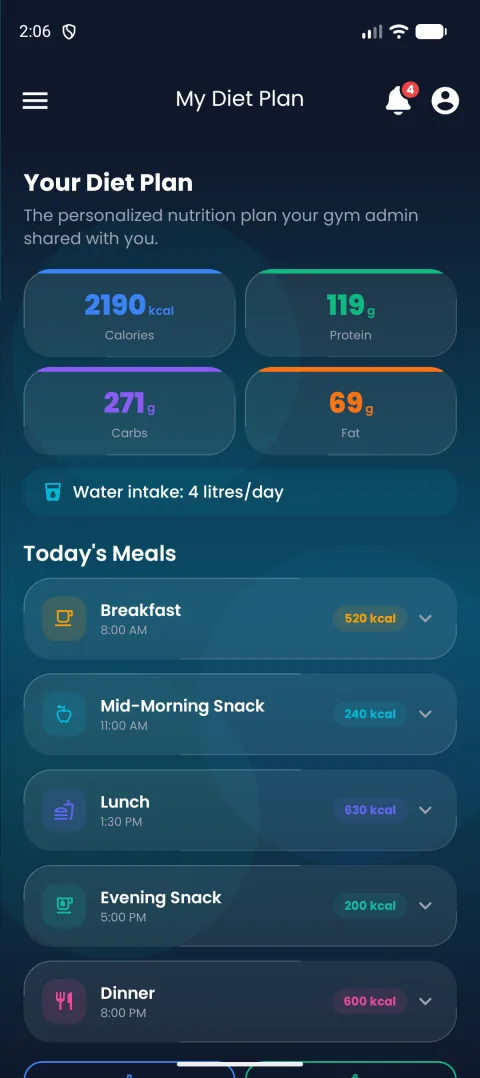 Member's personalized GymAux Coach diet plan on mobile
